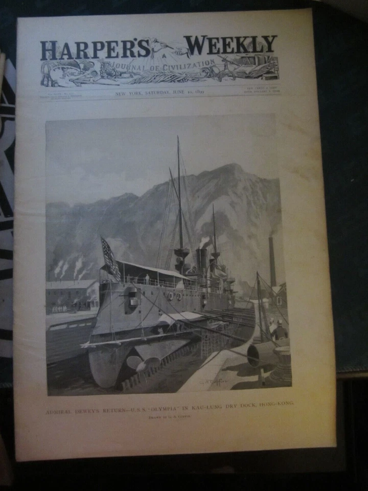 Harpers Weekly June 10 1899 Admiral Dewey's Return USS Olympia Kau-Lung Dock 64 - Image 1 of 1