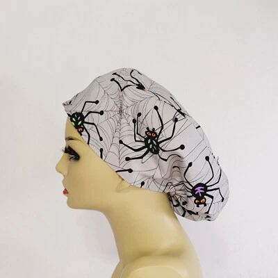 Halloween, Women Scrub Hat, Surgical Cap, Spiders  Nurses Hat, Medical, USA Made - Image 1 of 4