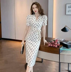 Womens Fashion V Neck Polka Dot Puff Sleeves Bowtie Hip Package Pencil Dress 773 - Picture 1 of 11