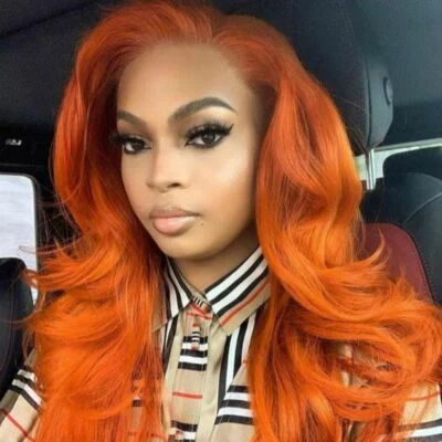 Pelucas delanteras de encaje de onda larga naranja cobre sin pegamento cosplay pelucas sin pegamento a prueba de calor Foto 1 de 4