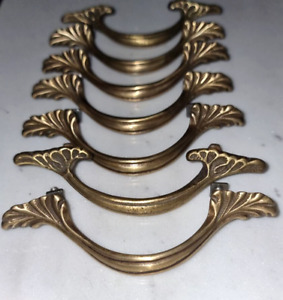 ❤Vintage Antique Gold Brass Drawer Handles Set x7 Lot Old Furniture 4.5"/11.5 cm