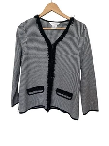Exclusively Misook Black & White Button Up Fringe Detailed Cardigan Blazer L - Picture 1 of 2
