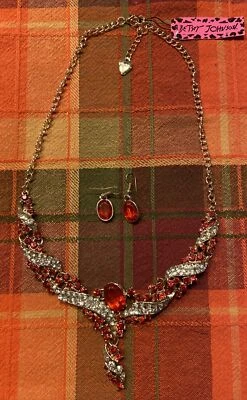 Betsey Johnson Red Rhinestone Necklace & Earrings Set Prom Wedding NWT (041) - Image 1 of 4