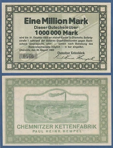 CHEMNITZ Kettenfabrik 1 Million Mark 1923 KASSENFRISCH / UNC - Picture 1 of 1