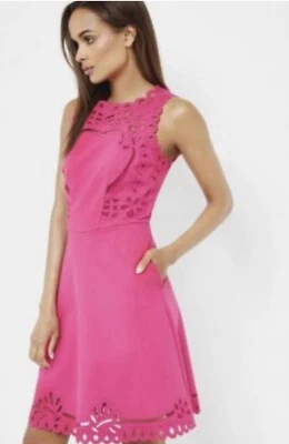 Ted Baker Size 2 / AU 8, 10 Hot Pink Skater Dress Embroidered Eyelets - image 1 of 4