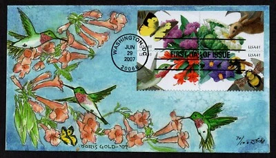 USA, SCOTT # 4153-4156B, HANDPAINTED DORIS GOLD FDC COVER BEES, POLLINATION 2007 - Image 1 of 2