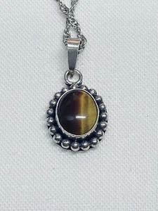 Schlichter Sterling Silber 925 Tigerauge Anhänger Halskette mit Silberperlen Akzenten - Bild 1 von 7