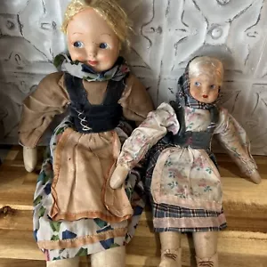 2 VINTAGE POLISH CLOTH SAWDUST DOLLS FACE/ 20 & 14 INCH Hand Sewn Rare - Picture 1 of 8
