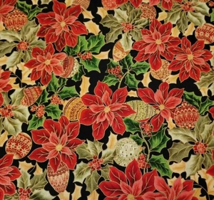26" Holiday Classics Quilting Treasures Gold Ornament Poinsettia Red Black - Picture 1 of 3