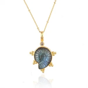 Blau Feuer geschnitzter Labradorit mit CZ Anhänger vergoldet Handarbeit Halskette Schmuck - Bild 1 von 5