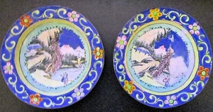2 Chinese Outdoor Scene Hand Painted Small Metal Dishes 4" Across - Picture 1 of 2