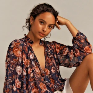 Neu mit Etikett Anthropologie Estela durchsichtig bedruckt Blumen Rüschen Shirt Bluse Top schwarz XL - Bild 1 von 8