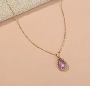 Gold Tone Teardrop Synthetic Amethyst Pendant Necklace - Picture 1 of 8