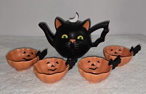 Department 56 Halloween 5 Piece Black Cat Tea Set HTF Retired NIB - Picture 1 of 24