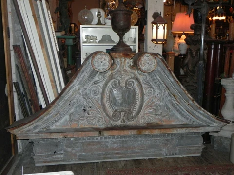 Very Large Decorative Antique 1860 Zinc Building Pediment w/Cast Iron Urn Finial Cover