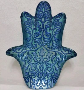 Plato de bendición Hamsa Mal de ojo plato baratija 2 tonos azul brillo 10" turco - Imagen 1 de 18