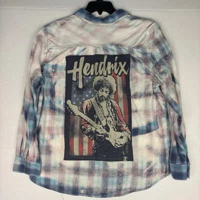 Jimi Hendrix 女式 XXL 升级衬衫蓝色格子装饰美国国旗灯 — 第 1/4 张图片