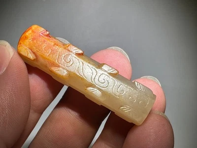 Pingente raro Zhou Dy antigo esculpido em jade design de cigarra "Le Zi" "Gua Jian" L 4,8 cm - Imagem 1 de 4