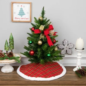 Northlight 20" Glitter Red Green Gold Plaid Christmas Tree Skirt White Border - Picture 1 of 7