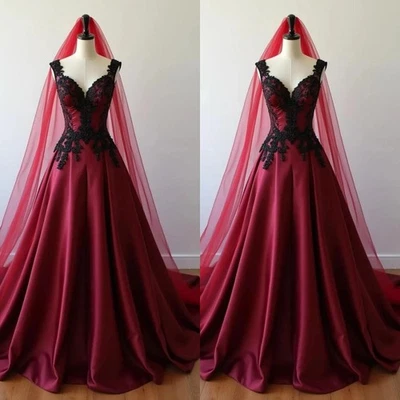 Vestidos de noiva góticos preto vermelho decote V linha A cetim sem mangas vestidos de noiva - Imagem 1 de 4