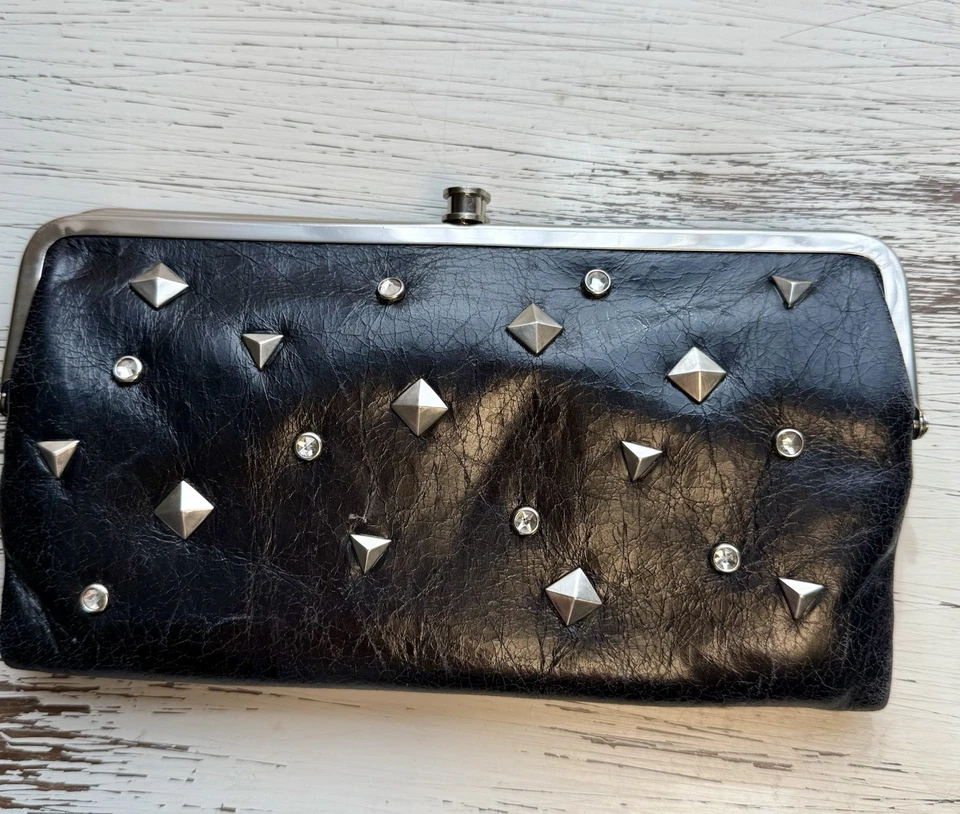 HOBO INTERNATIONAL Wallet Clutch Double Kisslock Punk Metal Studs Black Leather - Image 1 of 4