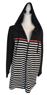 Chaqueta con Capucha Liz Claiborne Fin de Semana XL Negra Blanca Rayas Cremallera Acento Rojo Foto 1 de 4