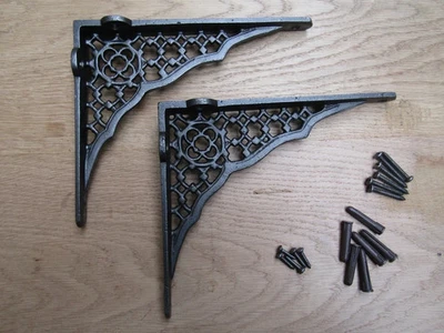 Shelf Brackets Cast Iron Antique Finish 8" Lattice Rustic Solid Oak Wood Shelves - image 1 of 4