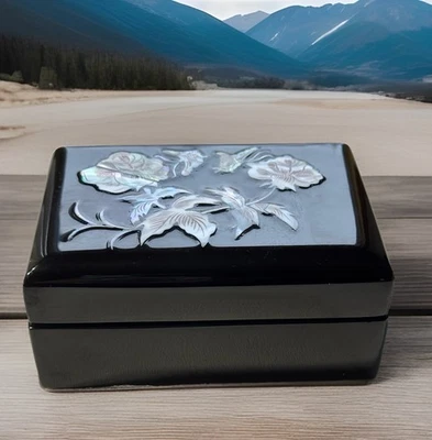 Vintage Black Lacquer Floral Mother Of Pearl Inlay Jewelry/Trinket Box - Image 1 of 4