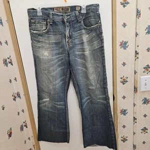 BKE Denim Brand Size 33*30 Men's Blue Bootcut Jeans, Raw Hem, Distressed - Picture 1 of 6