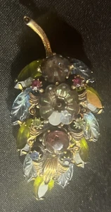 Vintage Blue Rivoli Molded Glass Green Purple Rhinestone Brooch Layered Leaf Pin - Picture 1 of 6
