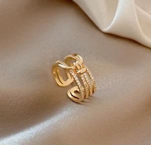 Gold 4-Layer Rope Knot Pave Cubic Zirconia Promise Adjustable Band Ring - Picture 1 of 2