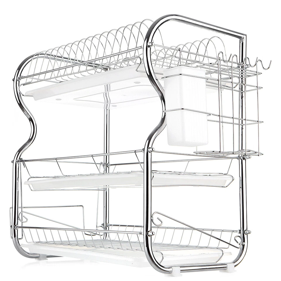 Кухонная сушилка для тарелок чашек держатель слива раковины 3 уровня нержавеющая сталь I2A7 - Изображение 1 из 4