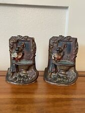 Polychrome SOLID BRONZE BOOKENDS Lady Maiden at Lion’s Head Fountain Art Nouveau