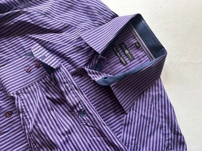 STONE ROSE Mens Shirt Size 6/XXL Black Rivet Collection Striped Purple Flip Cuff - Image 1 of 4