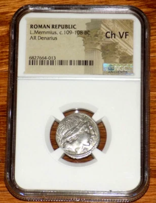 NGC REPÚBLICA ROMANA 105 A.C. AR Denario L. Torio Balbus Ch VF Antigua Moneda Roma Foto 1 de 3