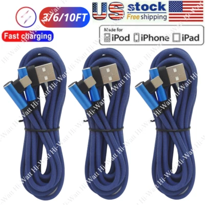 90 Degree Elbow USB Charger Cable 10FT For iPhone 14 13 12 11 XR 8 Charging Cord - Image 1 of 4