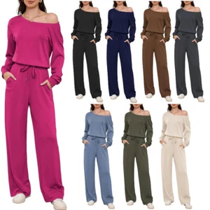 Women's Jumpsuits Dressy Casual Off Shoulder Long Sleeve Wide Leg Pants Romper - Picture 1 of 49
