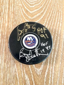 BRYAN TROTTIER Dennis Potvin Autographed New York Islanders Puck HOF - Picture 1 of 8