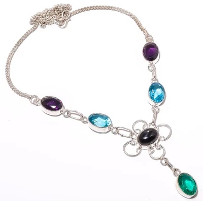 Collar enchapado en plata con piedras preciosas de ónix negro 17,99" TN4318-119, regalo de Navidad Foto 1 de 4