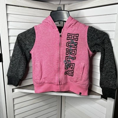 Moletom com capuz Hurley feminino camada dupla com zíper tamanho 4/5 rosa e preto muito bom estado. - Imagem 1 de 4