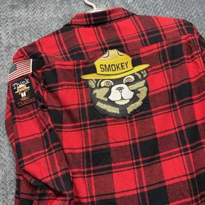 Angry Minnow Flannel XXL Red Black Plaid Smokey Bear Patches USA Flag Retro - Picture 1 of 11