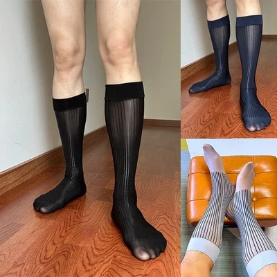 Calcetines de vestir ultrafinos transparentes con rayas para eventos formales para hombre Foto 1 de 4