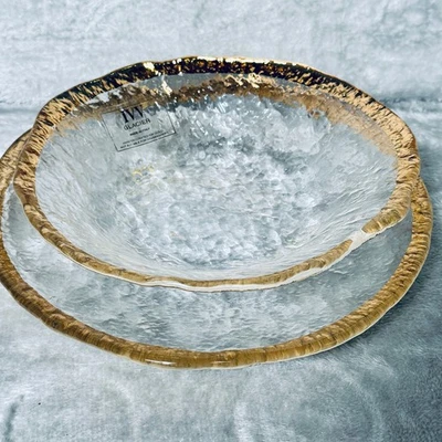 IVY Glacier Clear Glass Bowls Gold Rimmed Set of 2 Made in Italy Textured - Image 1 of 4