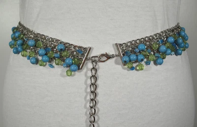 Y2K  Fashion Belt Blue Green Beaded Boho Tassel Silver Toned Chain 29+ in. Long - Image 1 of 4