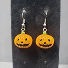 Dangle Earrings Orange Pumpkins Halloween Resin Modernist Bohemian Pierced 1.5"