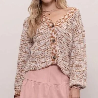 Blu Pepper Marled 针织纽扣前开衫毛衣奶油色棕色粉色 S 码 — 第 1/4 张图片