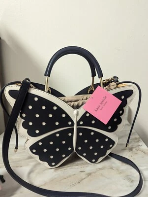 Kate Spade Blue & White Wing It Polka Dot Wicker Butterfly Satchel Purse - Image 1 of 4