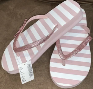 GIRLS FLIP FLOPS SZ 5/6 PINK/WHITE STRIPES SHIMMERING BOW STRAP WEDGE SUPER CUTE - Picture 1 of 4