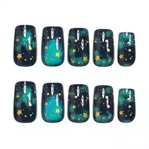 24pcs Green Square Press-On Nails, Medium Length, Glossy, Starry Night - Picture 1 of 6