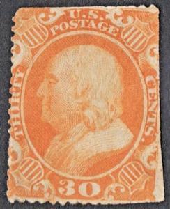 US # 38 *MINT NO GUM* { 30c ORANGE FRANKLIN } TRIMMED PERFS "SCARCE 1860 CV$ 900 - Picture 1 of 4